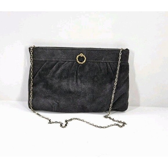 Vintage 90s Grey Suede Hinged Frame Clutch Oyster Clam Purse Handbag Chain Strap - Picture 1 of 9